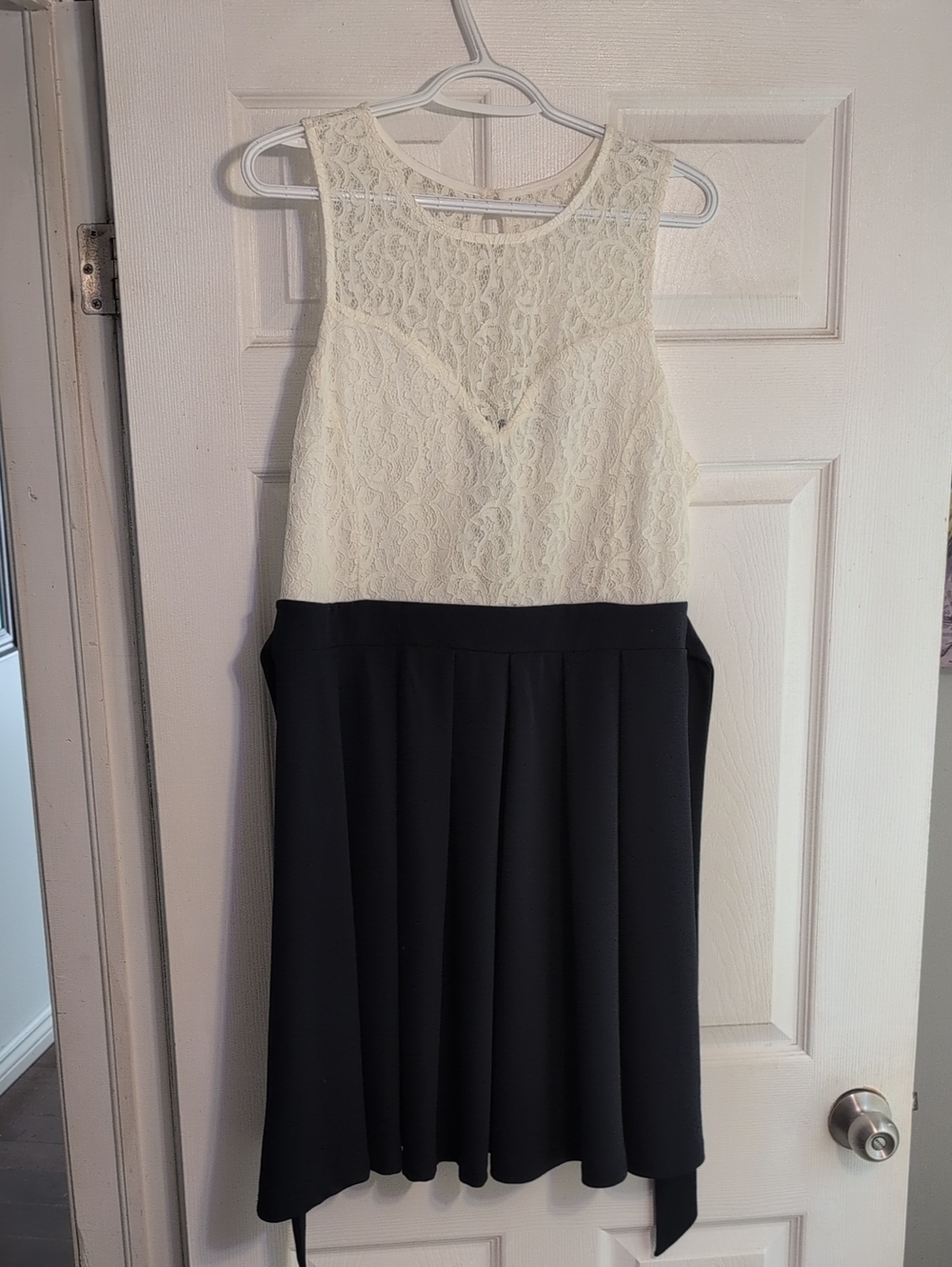 Suzy Shier Ivory Lace and Black Skirt Dress